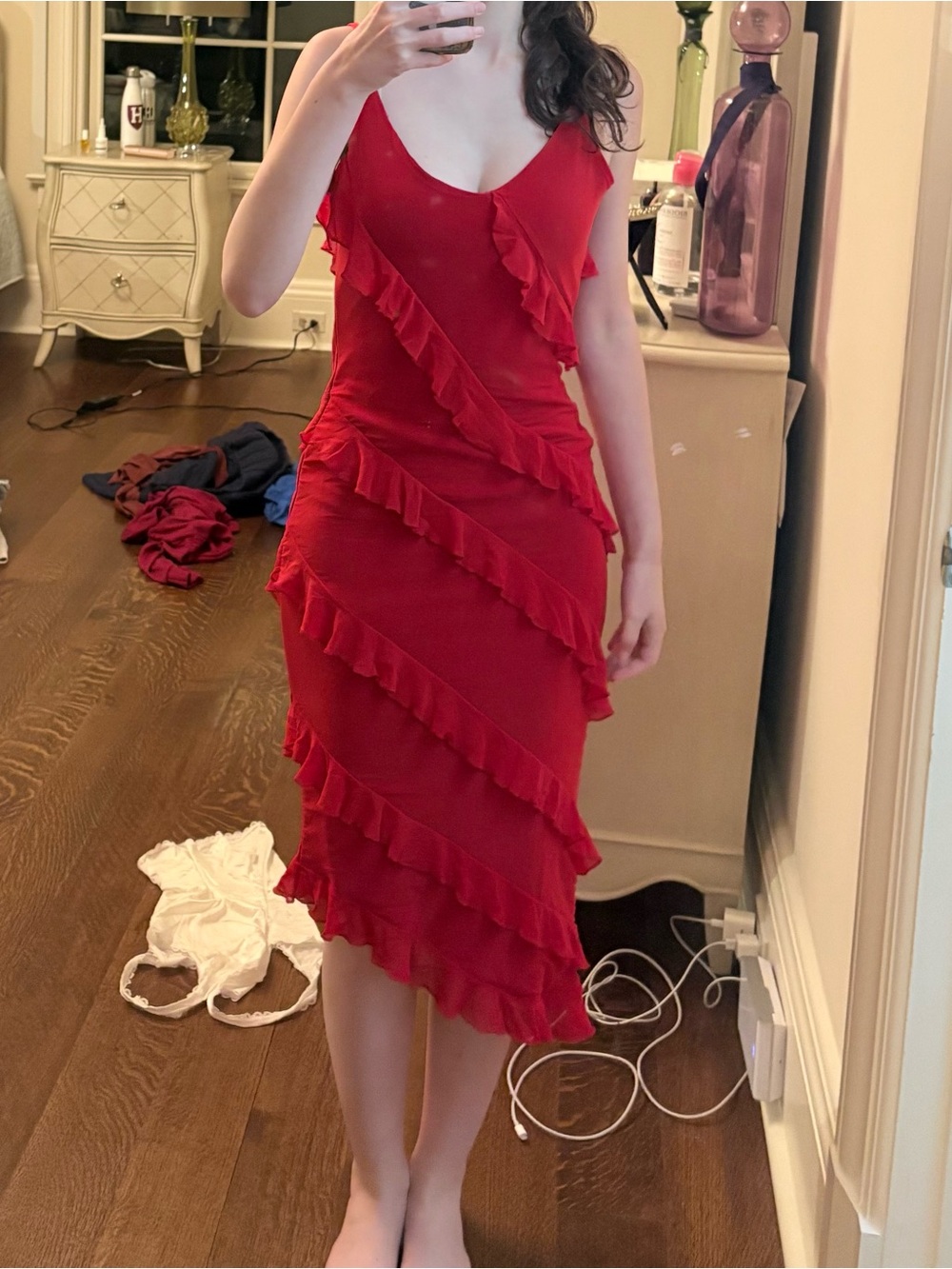 Red ruffle midi dress with diagonal ruffles